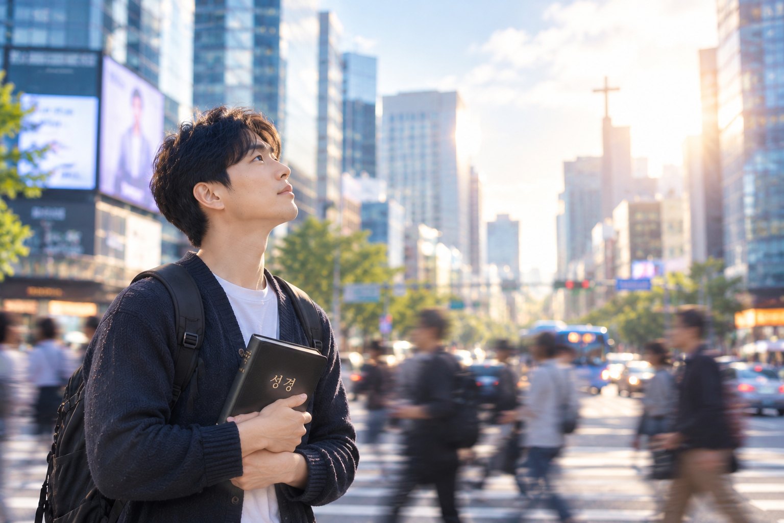 도심 한가운데에서 성경을 품고 하늘을 바라보는 청년